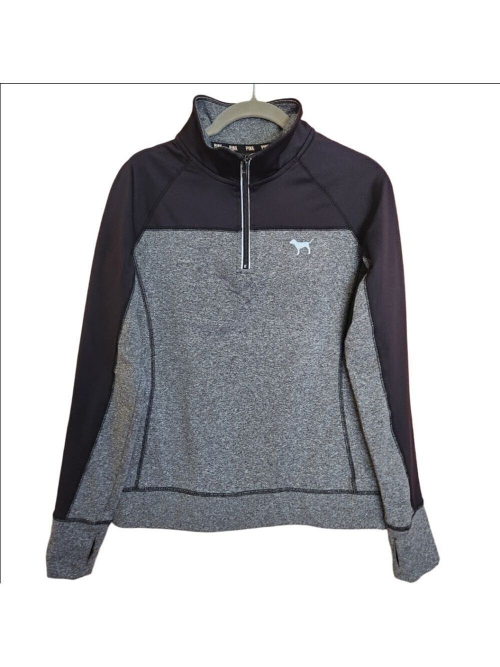 VICTORIAS SECRET PINK BLACK GRAY COLORBLOCK QUARTER ZIP ACTIVEWEAR TOP SMALL